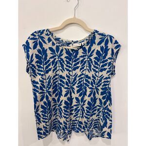 Rachel Zoe Linen Blend Blue White Floral Blouse Medium Short Sleeve